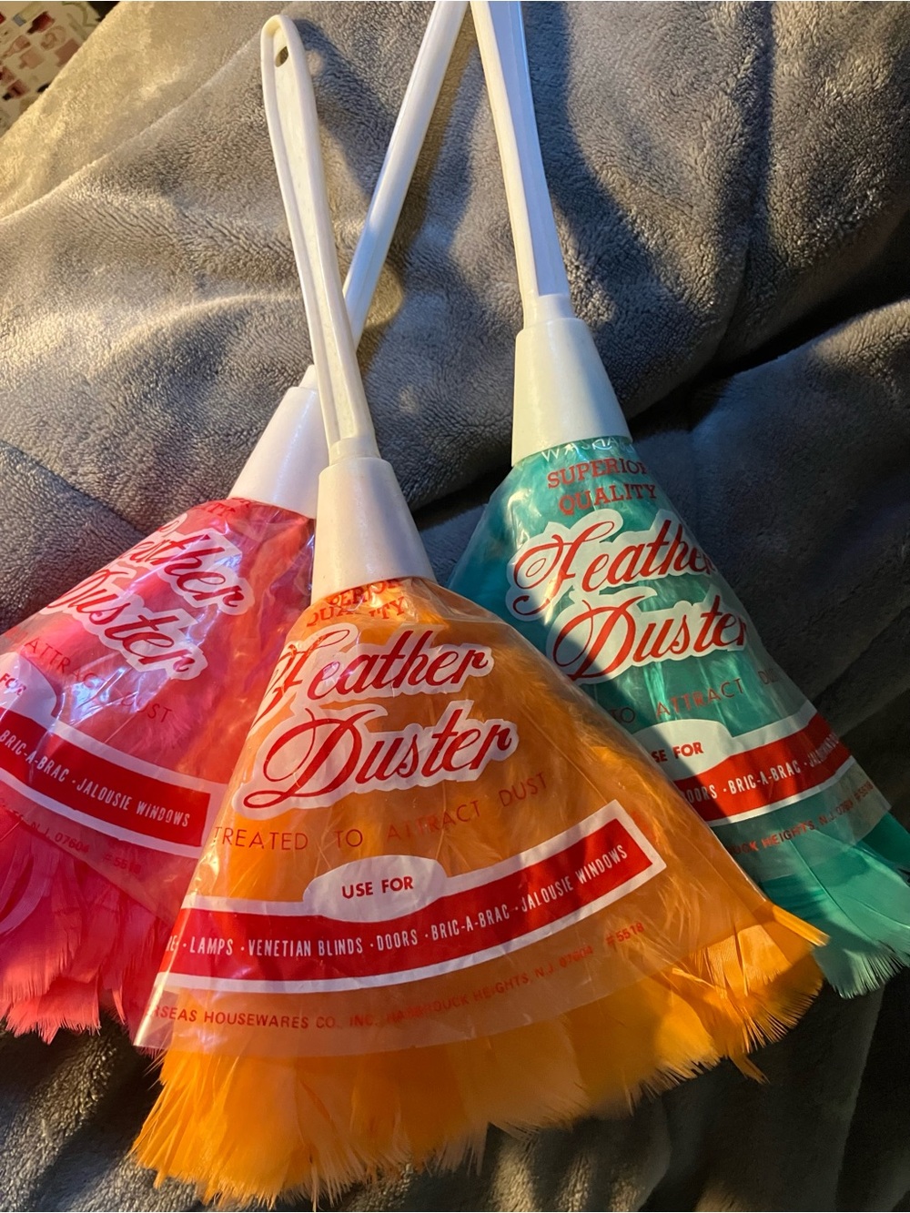 3 Vintage Feather Dusters Green Pink Orange 1960s New  Mid Century